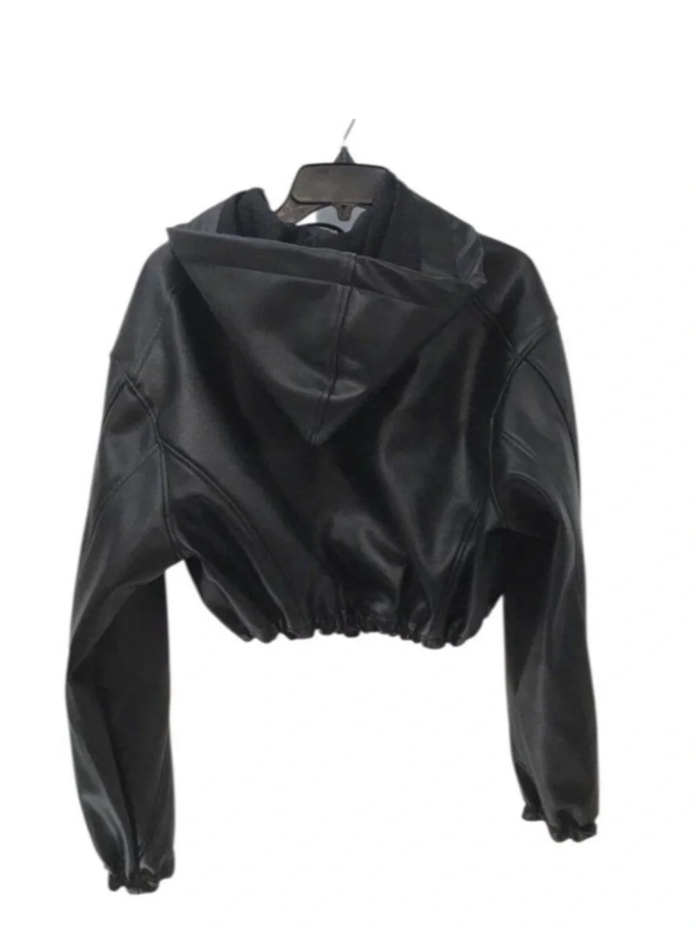 KHY Oversized Black Faux Leather Hooded Bomber Jacket Sz M - Picture 14 of 14